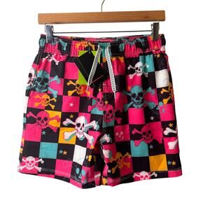 NWT Wes & Willy Youth Boys Check Skull Swim Trunks vibrant multicolored Large